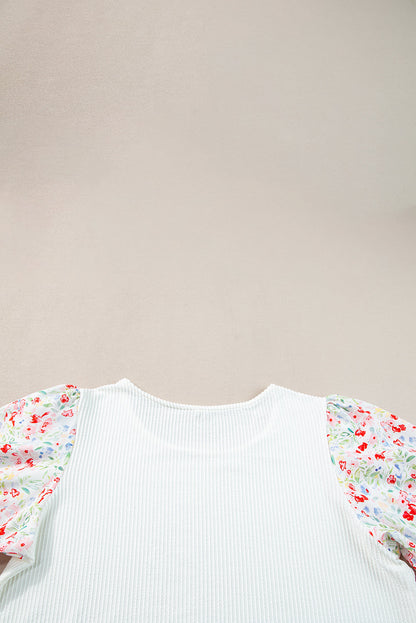 White Contrast Floral Puff Sleeve Ribbed Knit Plus Size Blouse
