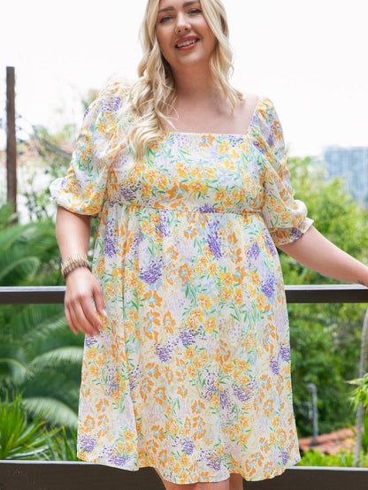 Floral Print Ruffle Sleeve Plus Size Mini Dress