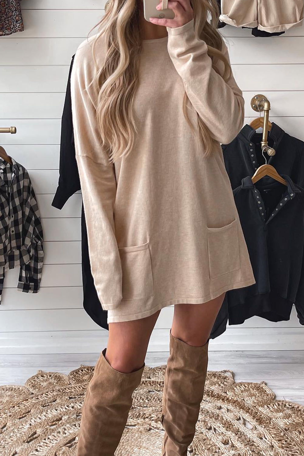Parchment Double Patch Pocket Drop Shoulder Long Sleeve Mini T Shirt Dress