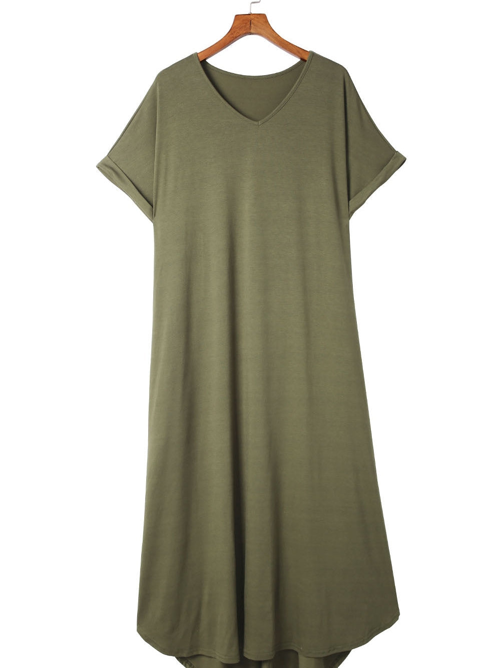 Emerald V-Neck Maxi Dress with Rolled Cuffs for Curvy Women