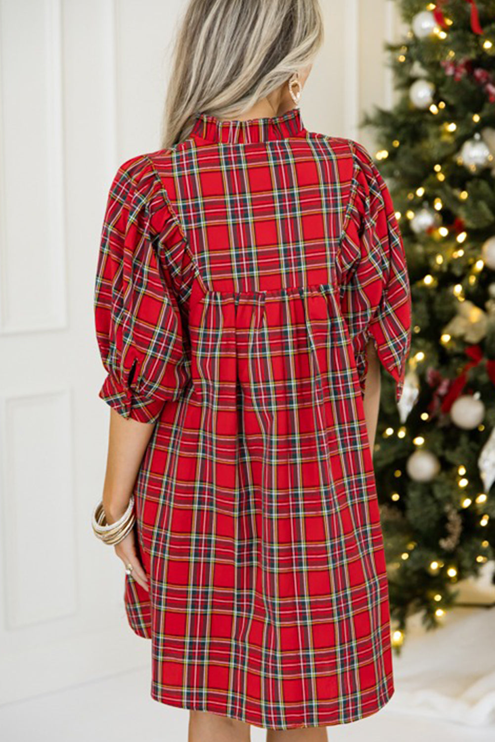Red Holiday Plaid Split Neck Puff Sleeve Mini Dress