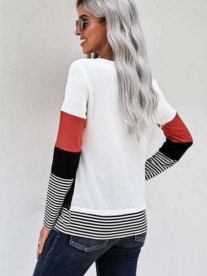 Fashionable Striped Colorblock Top with Long Sleeves