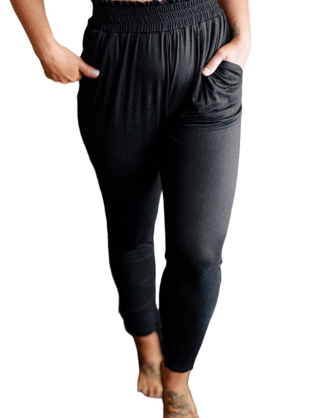 Elegant Black Plus Size High Waist Frilled Soft Pants with Pockets