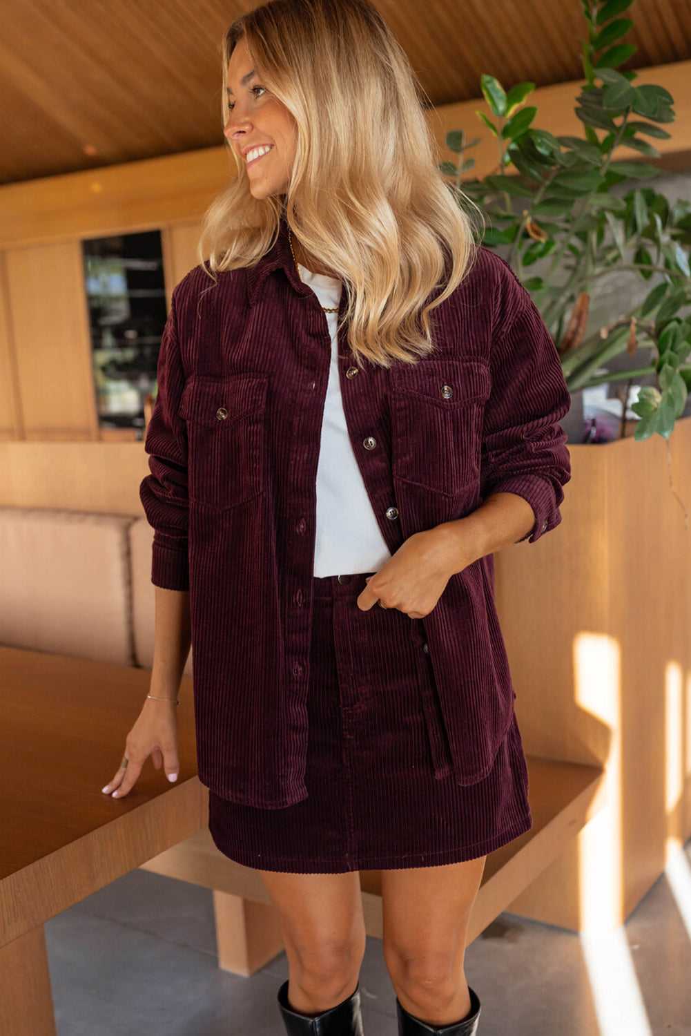 Grape Wine Solid Color Button Flap Pocket Corduroy Shacket