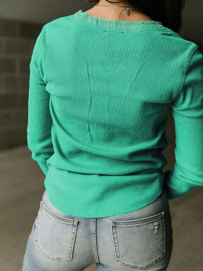 Green Button-Up Waffle Knit Henley Top