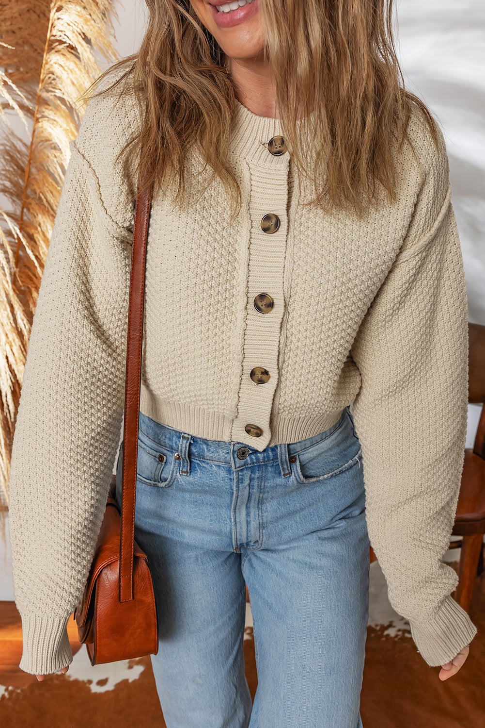 Beige Button Front Cropped Cardigan Sweater