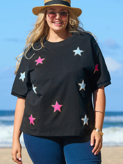 Chic Black Star Sequin Plus Size T-Shirt