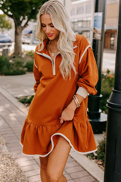 Gold Flame Contrast Trim Zipped Collared Drop Shoulder Terry Dress