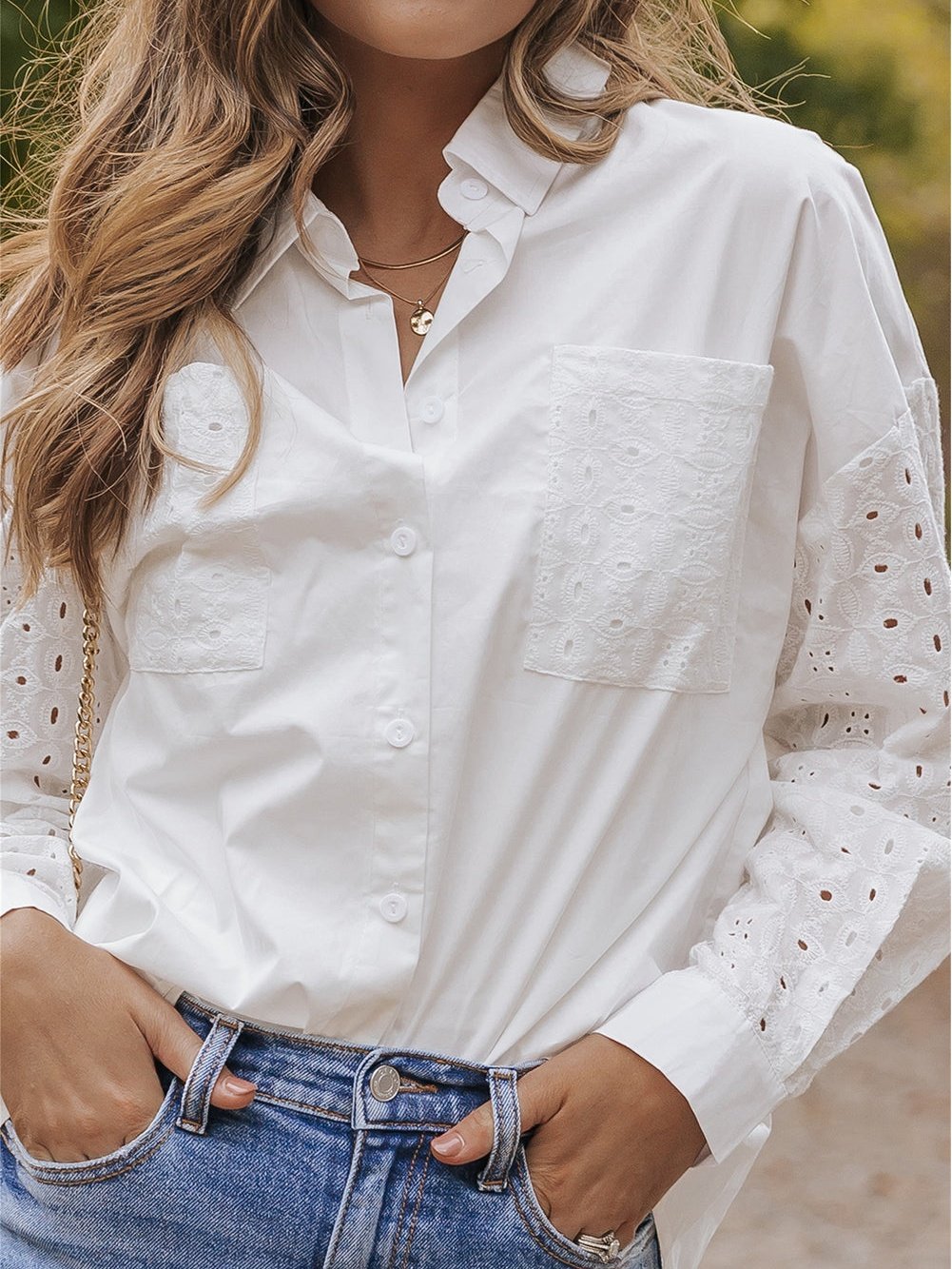 Elegant White Lace Embroidered Button-Up Shirt with Chest Pockets