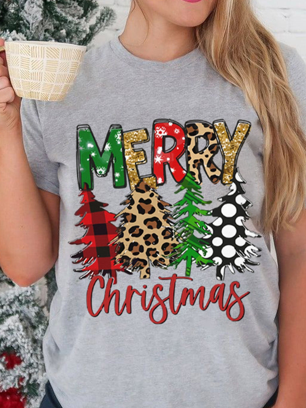 Festive Christmas Tree Patterned Gray Crew Neck Tee