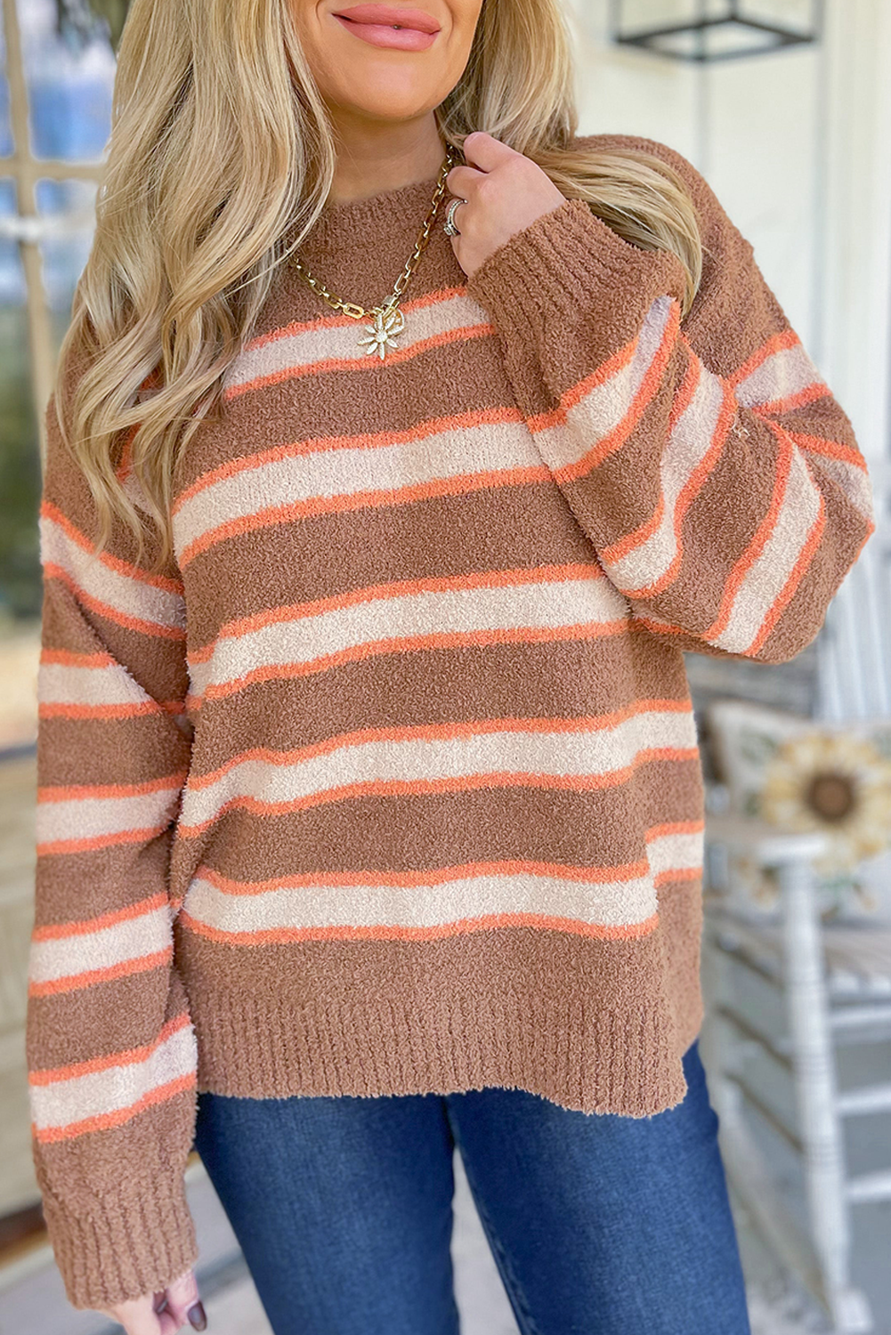 Brown Stripe Drop Shoulder Crew Neck Cozy Sweater