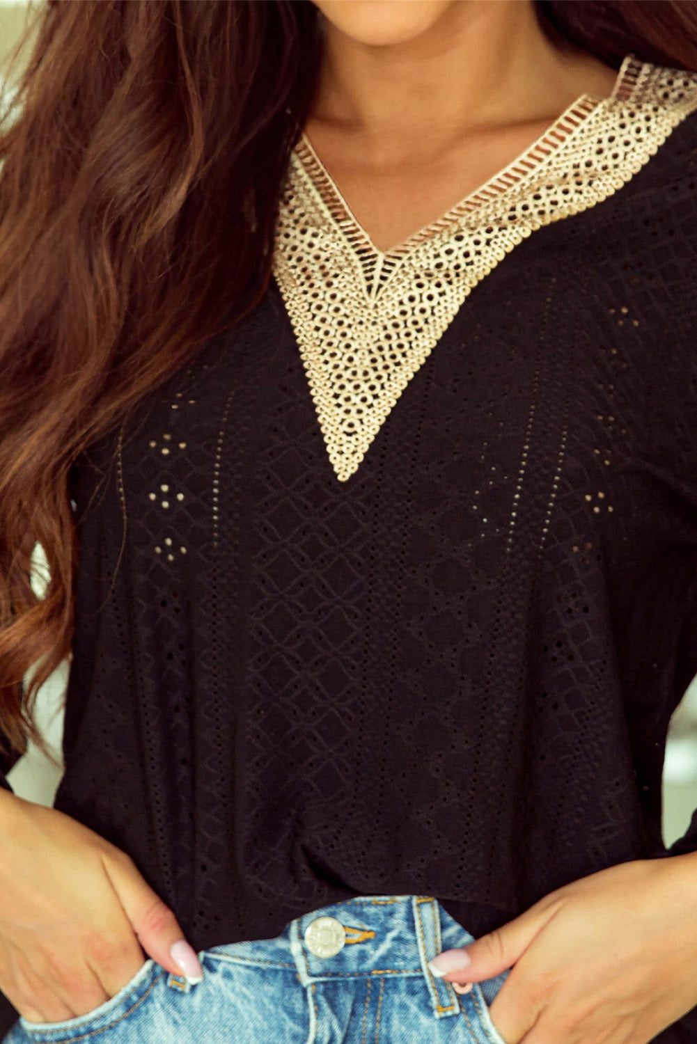 Elegant Black Eyelet Lace V Neck Ruffle Sleeve Blouse