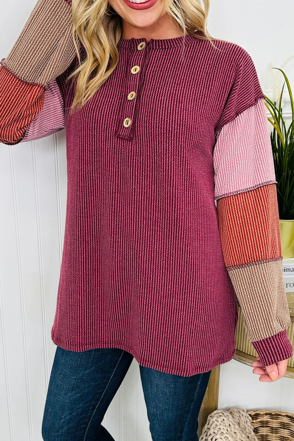 Red Dahlia Twisted Ribbed Exposed Seam Color Block Patchwork Long Sleeve Henley Top