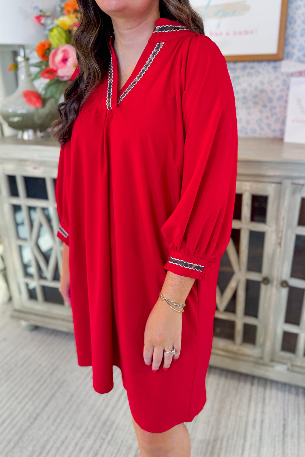 Fiery Red Plus Size Contrast Trim V Neck Puff Sleeve Loose Dress with Pockets