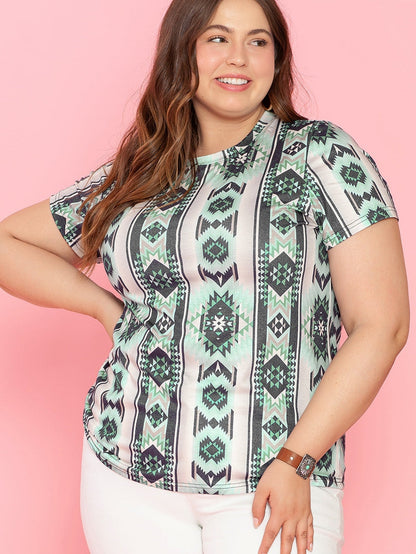 Green Geometric Retro Print Plus Size Tee