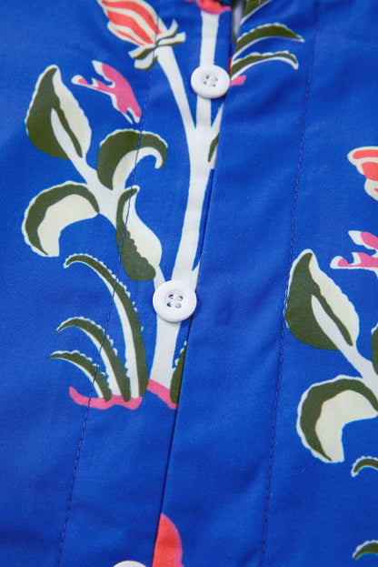 Blue Floral Print Button Detail 3/4 Puff Sleeve Ruffle Hem Dress
