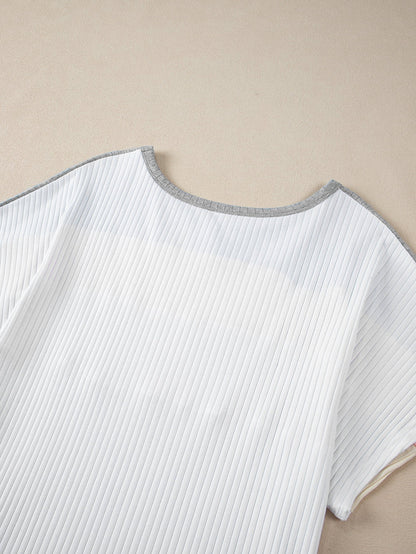 Trendy White Colorblock Patchwork Batwing Sleeve Ribbed Plus T-Shirt