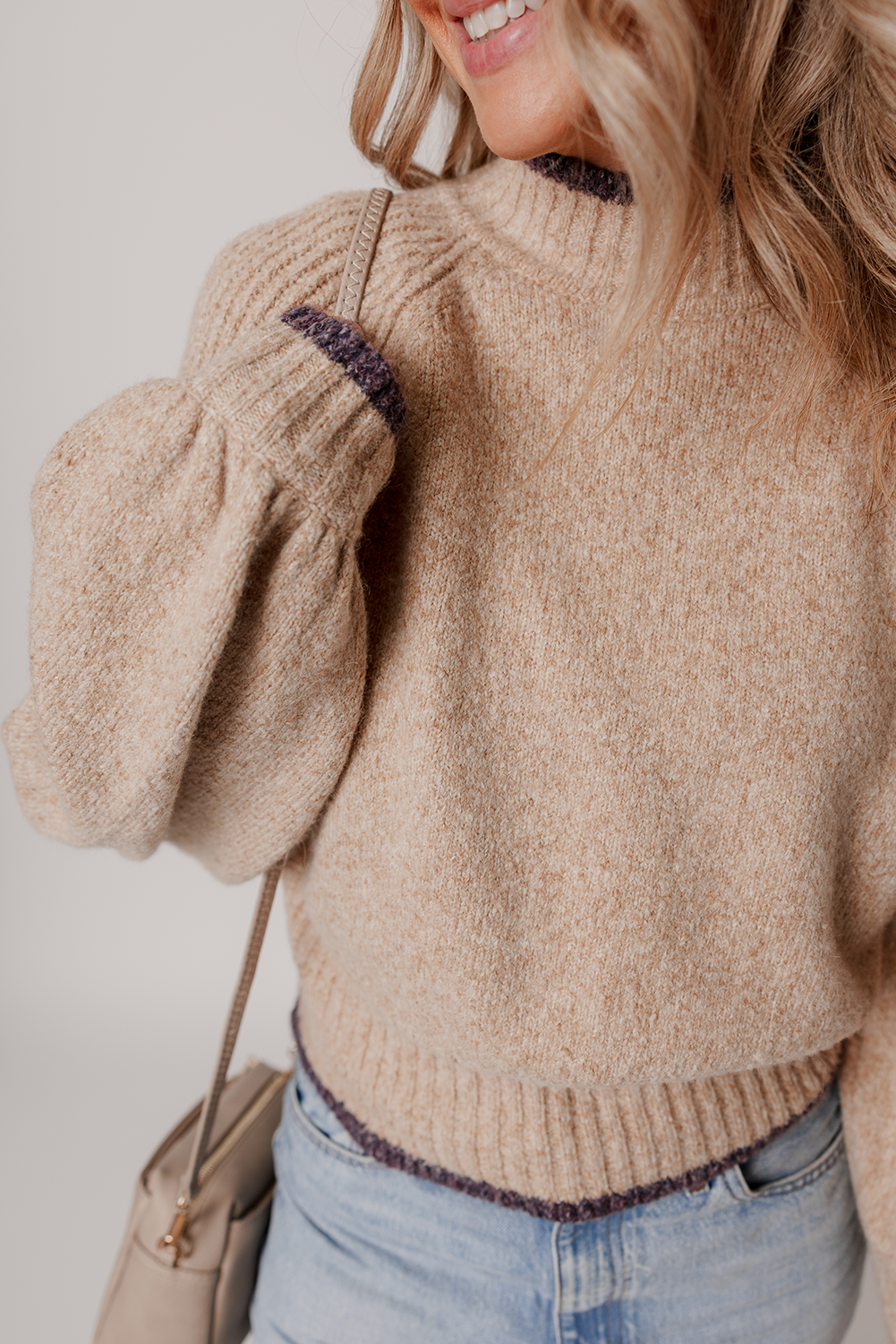 Smoke Gray Ribbed Texture Mixed Contrast Trim High Neck Drop Shoulder Sweater