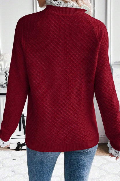 Burgundy  Contrast Lace Frilled Trim Raglan Sleeve Sweater