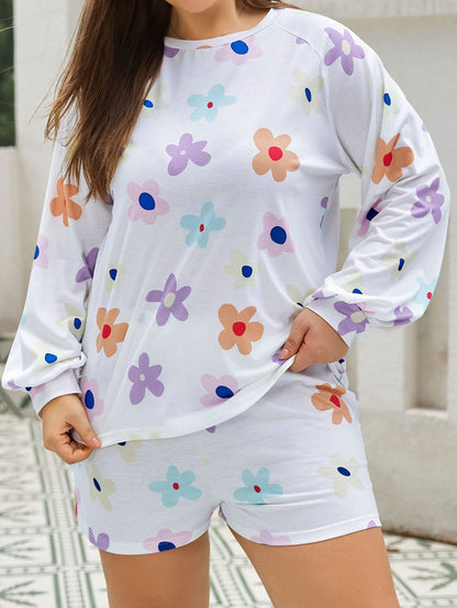 Floral Print Plus Size White Raglan Pullover and Shorts Set