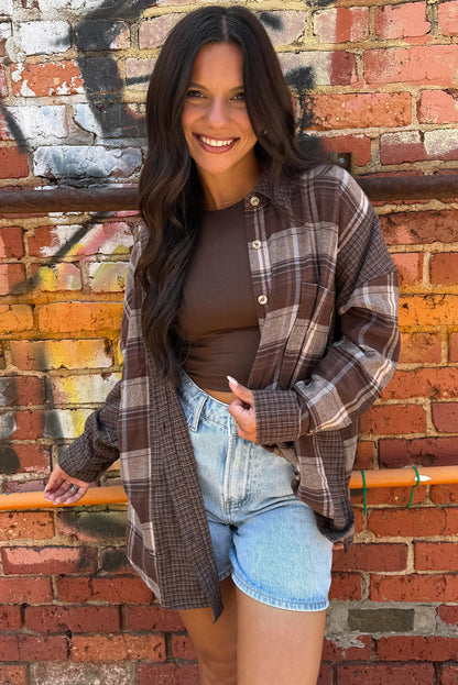 Brown Retro Plaid Patchwork Oversize Shirt