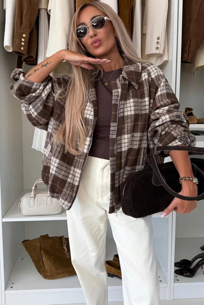 Dark Brown Grid Zipped Front Loose Casual Jacket