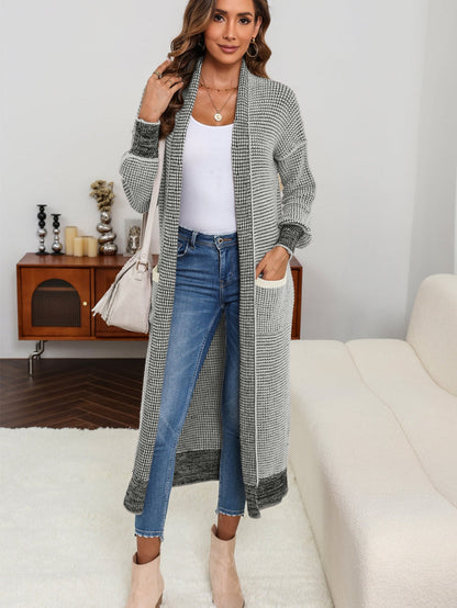 Gray Knit Textured Longline Cardigan with Pockets