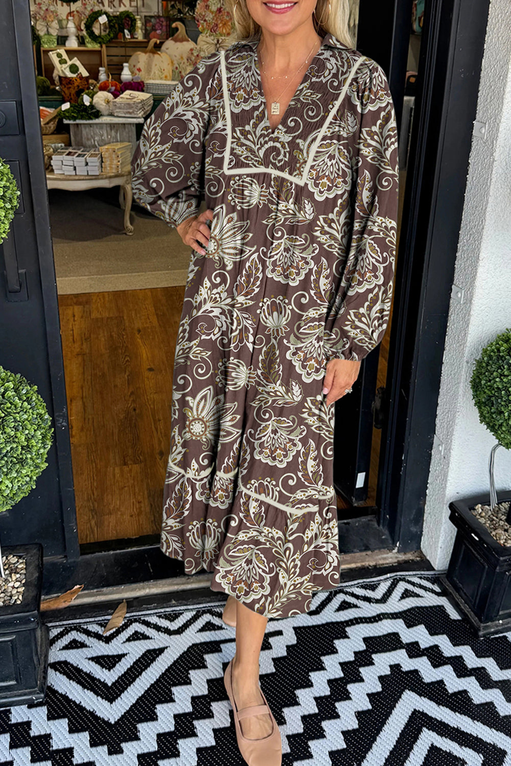 Brown Floral Print Collared V Neck Long Sleeve Shift Midi Dress