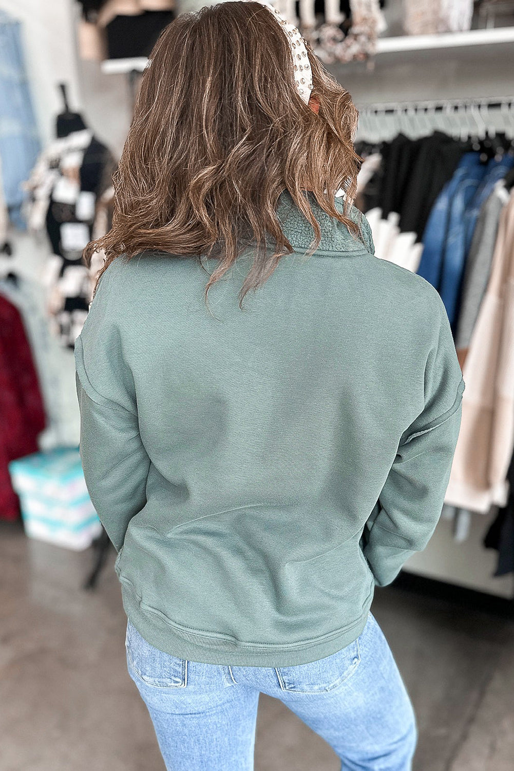 Canton Solid Color Sherpa Patchwork Quarter Zip Pullover Sweatshirt