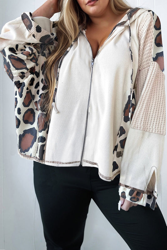 Apricot Leopard Waffle Color Block Patchwork Plus Size Zip Up Loose Hoodie