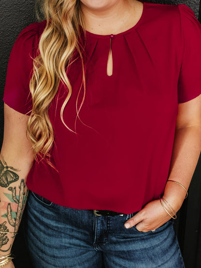 Red Dahlia Keyhole Pleated Crew Neck Plus Size T Shirt