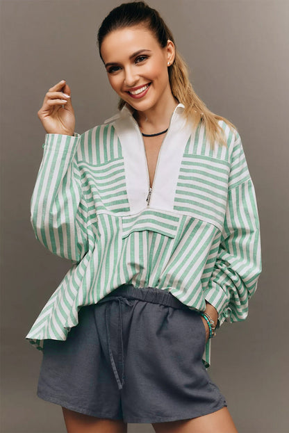 Green Stripe Half Zip Long Sleeve Swing Top