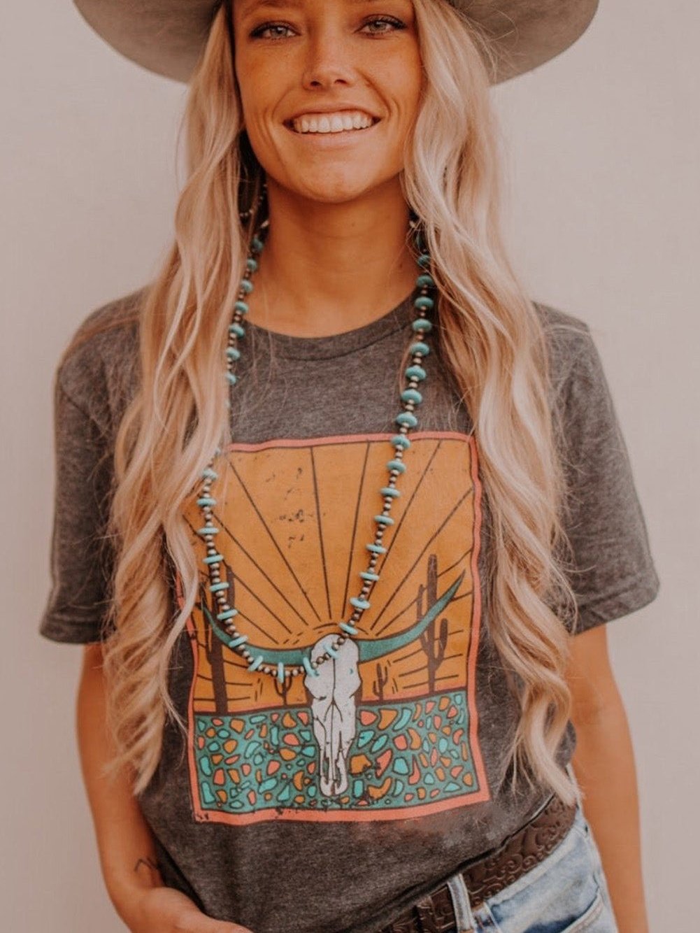 Gray Steer Skull Graphic Print Casual Crew Neck T-Shirt