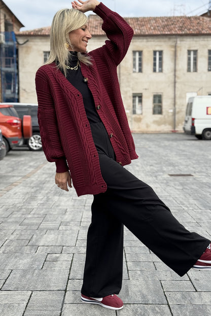 Burgundy Cable Knit Button V Neck Oversize Sweater Cardigan