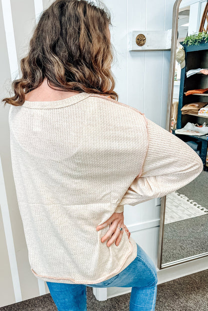 Beige Plaid Floral Mixed Pattern Patchwork Uneven Hem Textured Knit Top