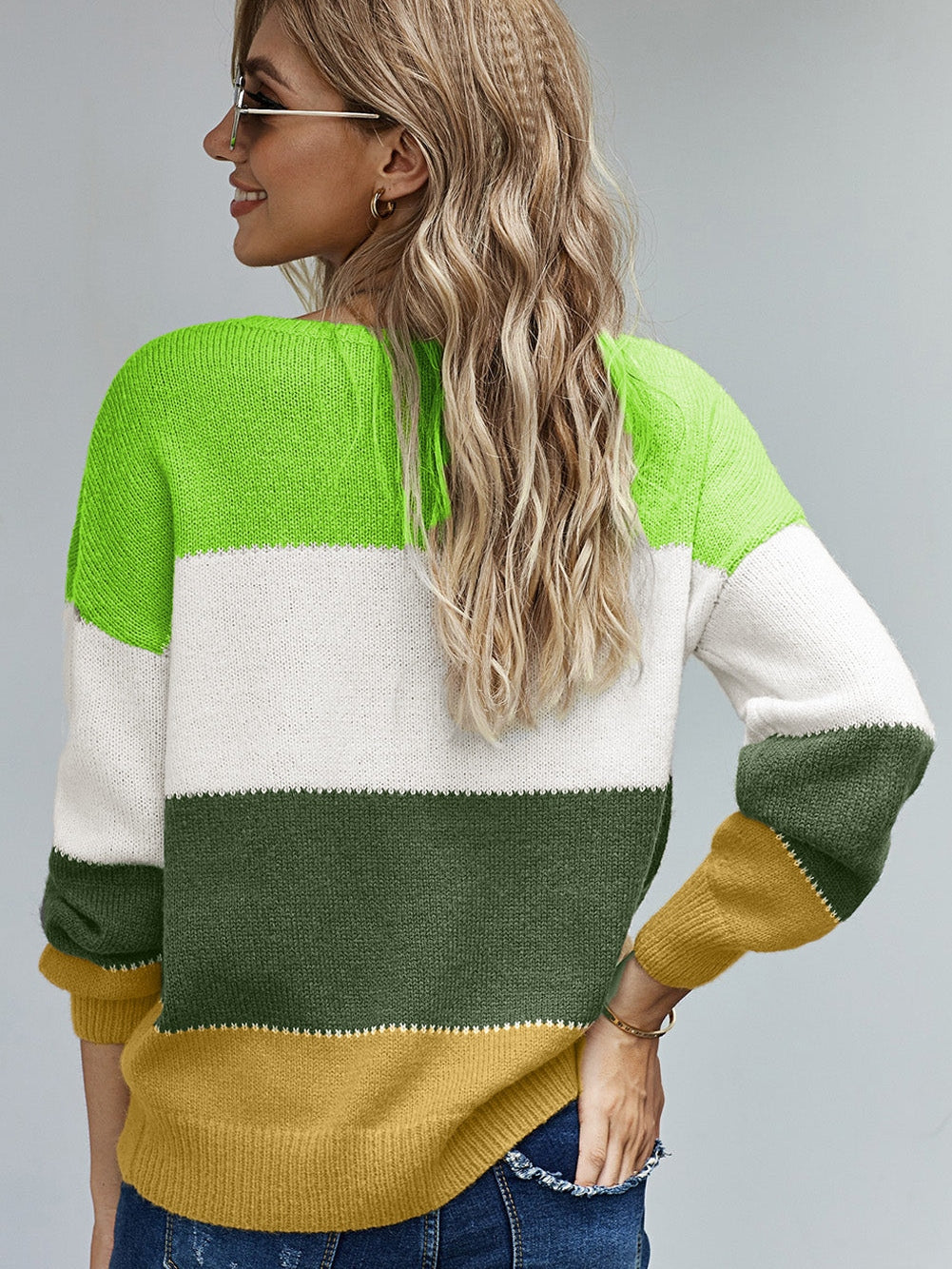 Green Color Block Winter Sweater - Stylish Pullover for Women