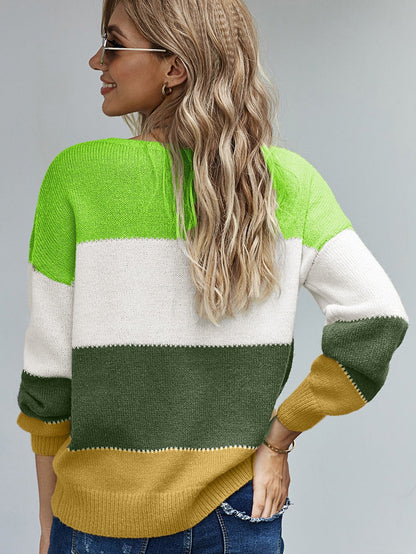 Green Color Block Winter Sweater - Stylish Pullover for Women