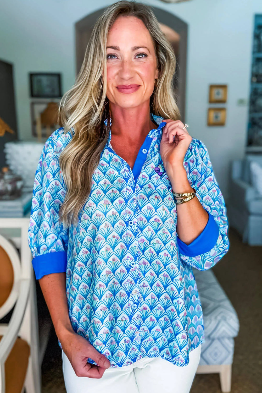 Sky Blue Floral Print Contrast Patchwork Button Down Casual Shirt