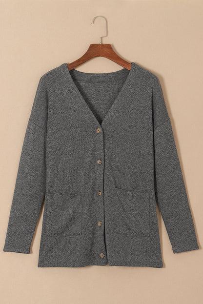 Gray Heather V-Neck Knit Cardigan with Front Pockets