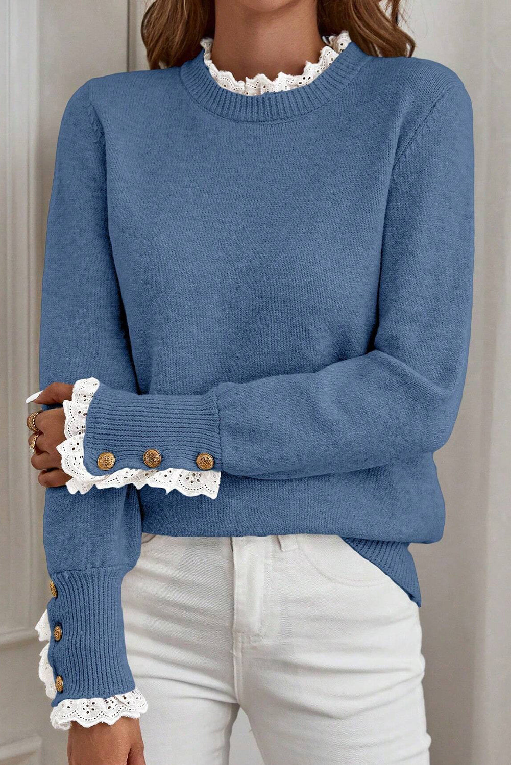 Dusk Blue Lace Trim Patchwork Buttoned Cuffs Loose Sweater