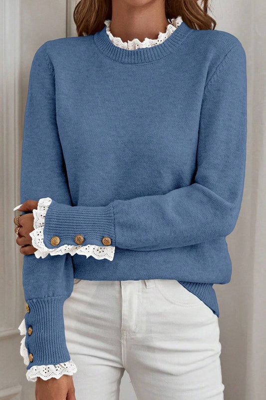 Dusk Blue Lace Trim Patchwork Buttoned Cuffs Loose Sweater