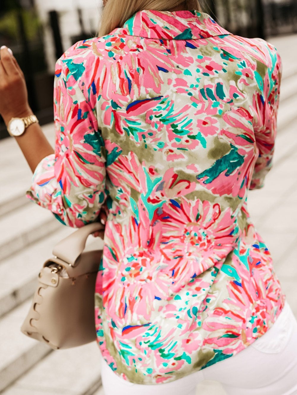 Green Abstract Floral Print Collared Sheath Blouse with Long Sleeves