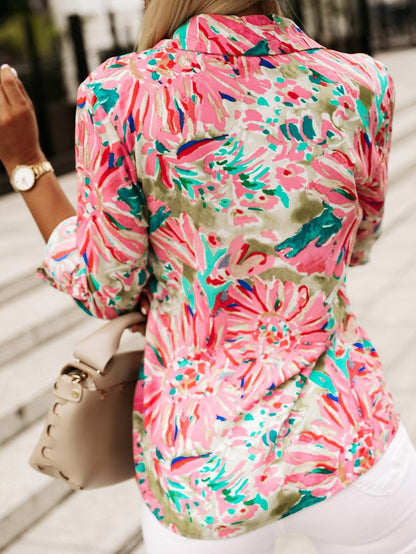 Green Abstract Floral Print Collared Sheath Blouse with Long Sleeves
