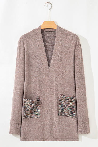 Dark Khaki Open Front Knit Contrast Patched Pocket Duster Cardigan