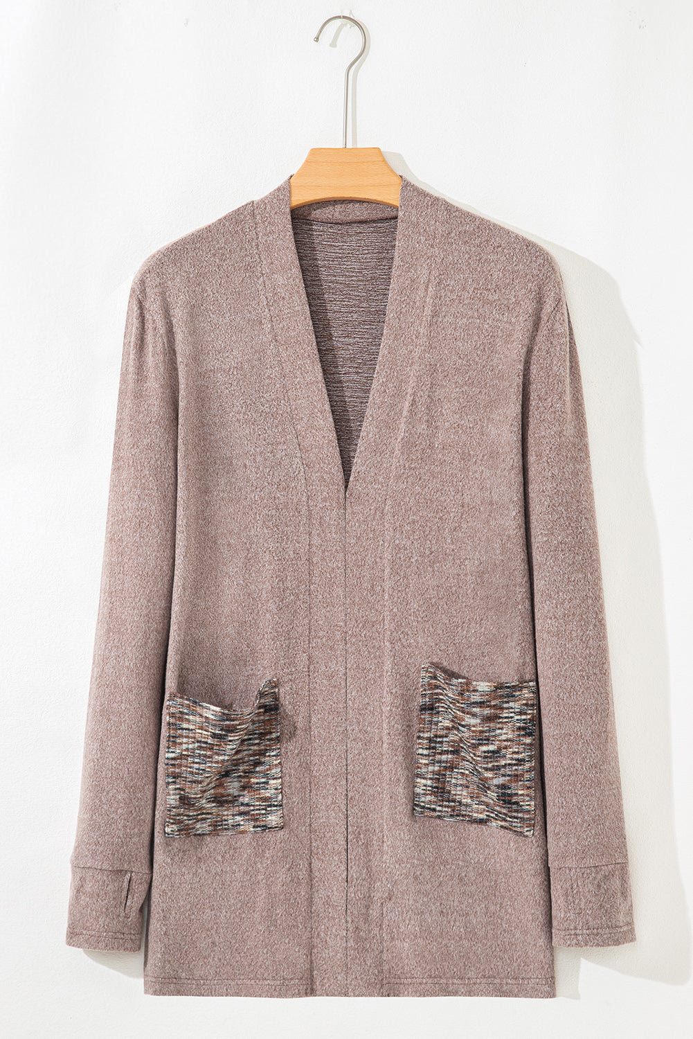 Dark Khaki Open Front Knit Contrast Patched Pocket Duster Cardigan