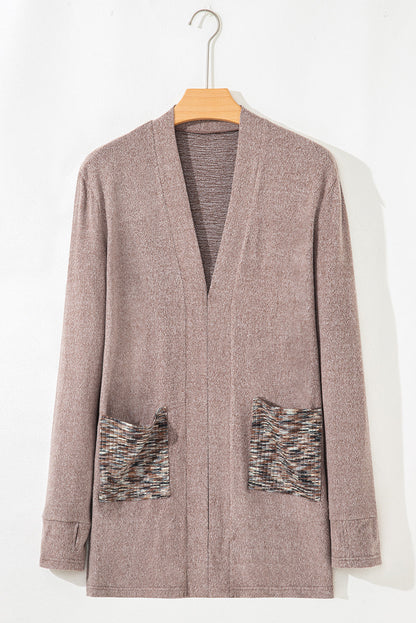 Dark Khaki Open Front Knit Contrast Patched Pocket Duster Cardigan