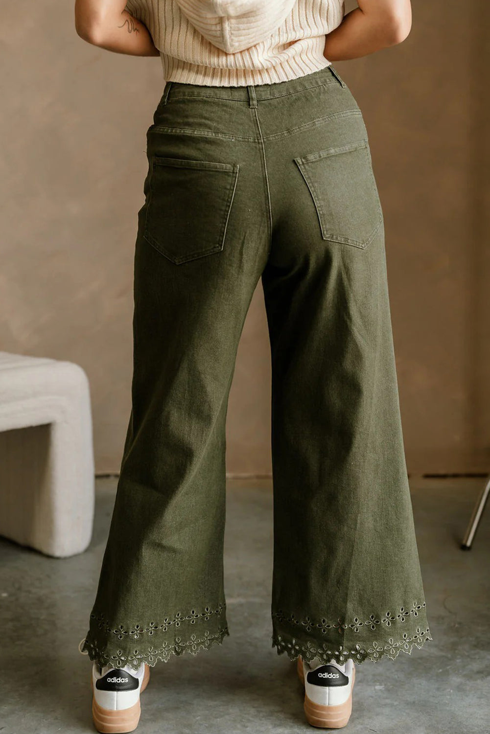 Four Leaf Clover Eyelet Embroidered Hem Detail High Waist Shift Jeans