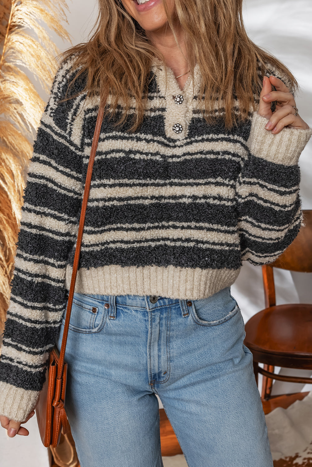 Black Stripe Fuzzy Knit Button V Neck Cropped Sweater