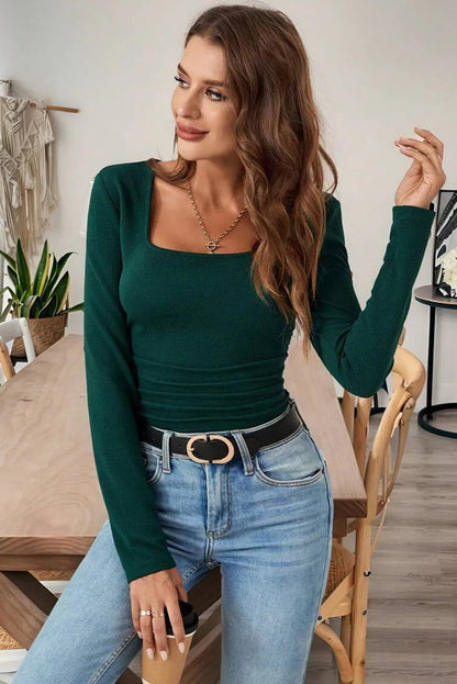 Evergreen Solid Color Long Sleeve Square Neck Slim Top