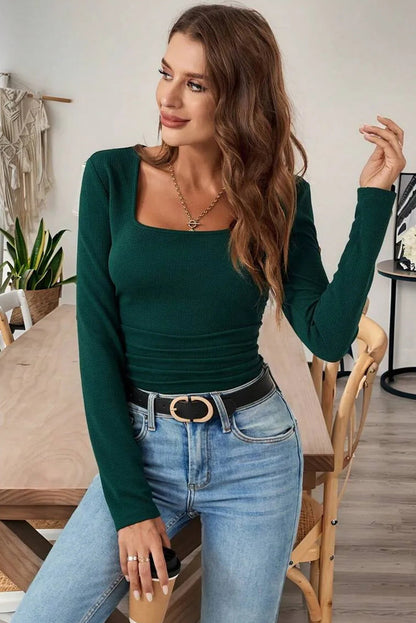 Evergreen Solid Color Long Sleeve Square Neck Slim Top